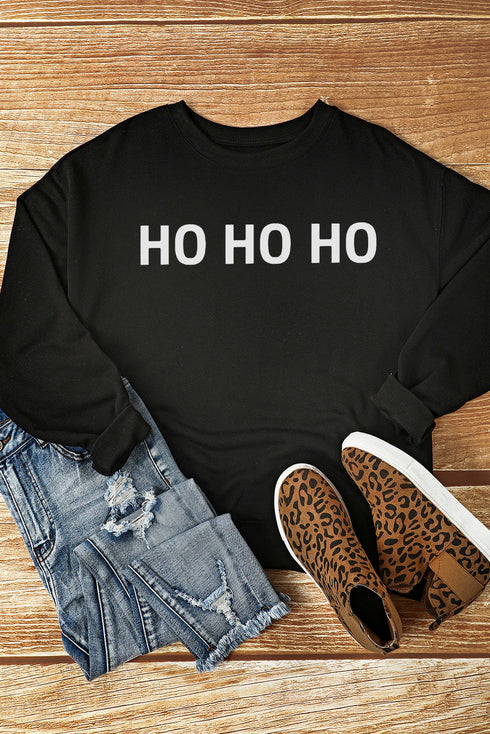 Black Ho Ho Ho Glitter Print Long Sleeve Pullover Sweatshirt